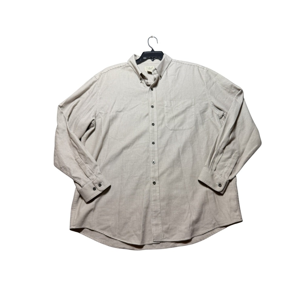 LL Bean Button Down Shirt Mens XL Tan Cream Traditional Fit Houndstooth